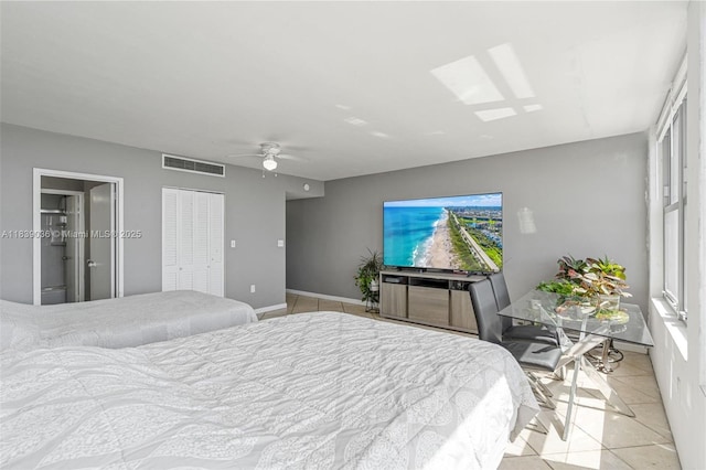 2899 Collins Ave Unit 931, Miami Beach, FL 33140 - bedroom with light tile patterned floors, a ceiling fan, and a closet