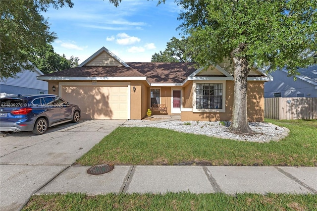 5506 Redhawk Dr, New Port Richey, FL 34655 - ranch-style house with stucco siding, concrete driveway, an attached garage, and roof with shingles