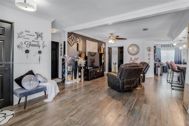 2239 NW 65th Ave, Margate, FL 33063 - living room featuring wood finished floors, crown molding, and ceiling fan