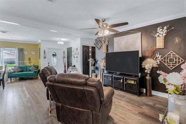 2239 NW 65th Ave, Margate, FL 33063 - living room featuring wood finished floors, a ceiling fan, and crown molding
