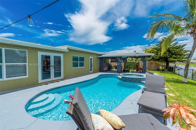 2239 NW 65th Ave, Margate, FL 33063 - view of swimming pool featuring a gazebo, french doors, a fenced backyard, a pool with connected hot tub, and a patio