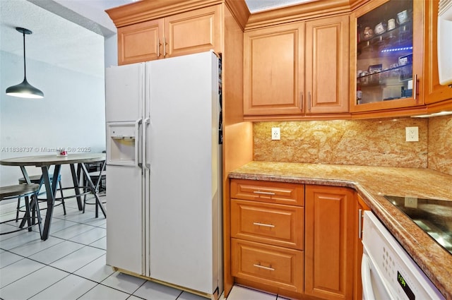 590 SW 62nd Ave, Miami, FL 33144 - kitchen featuring white appliances, light tile patterned floors, decorative backsplash, glass insert cabinets, and light countertops