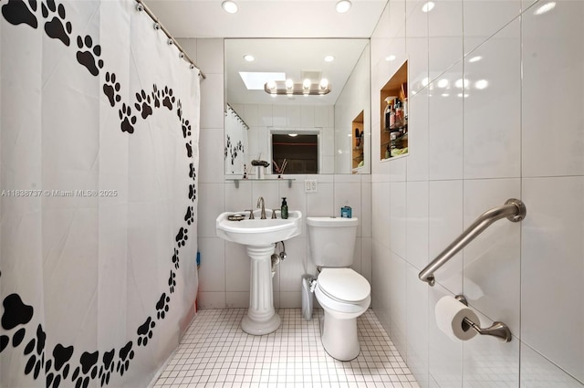 590 SW 62nd Ave, Miami, FL 33144 - bathroom with tile walls, a shower with curtain, tile patterned floors, and recessed lighting