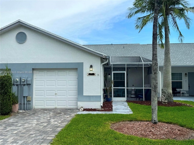 5928 NW 93rd Ter, Tamarac, FL 33321 - ranch-style house featuring a garage, driveway, stucco siding, a front lawn, and a lanai