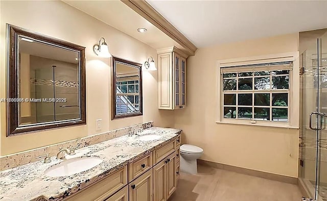 13500 SW 55th St, Southwest Ranches, FL 33330 - bathroom featuring double vanity, tile patterned floors, and an enclosed shower