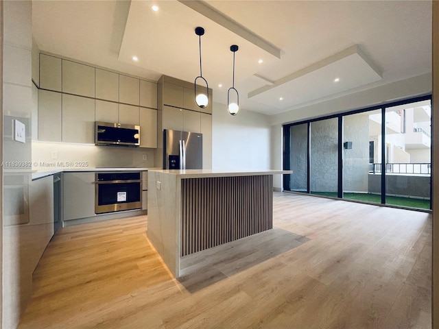 201 Crandon Blvd Unit 305, Key Biscayne, FL 33149 - kitchen featuring appliances with stainless steel finishes, modern cabinets, gray cabinetry, light wood finished floors, and recessed lighting