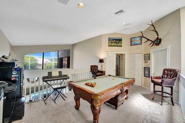9940 SW 4th St, Plantation, FL 33324 - playroom with carpet, pool table, a textured ceiling, and vaulted ceiling