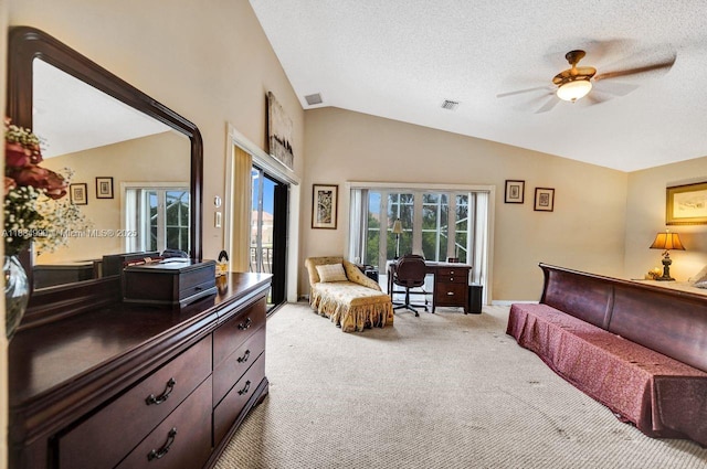 9940 SW 4th St, Plantation, FL 33324 - bedroom featuring vaulted ceiling, light carpet, access to outside, a textured ceiling, and a ceiling fan