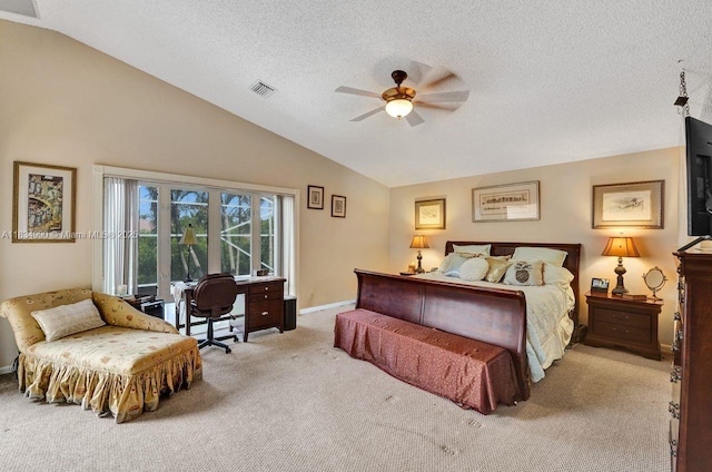 9940 SW 4th St, Plantation, FL 33324 - carpeted bedroom with lofted ceiling, an office area, a textured ceiling, and ceiling fan