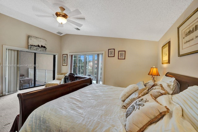 9940 SW 4th St, Plantation, FL 33324 - bedroom featuring lofted ceiling, access to exterior, a textured ceiling, carpet flooring, and ceiling fan