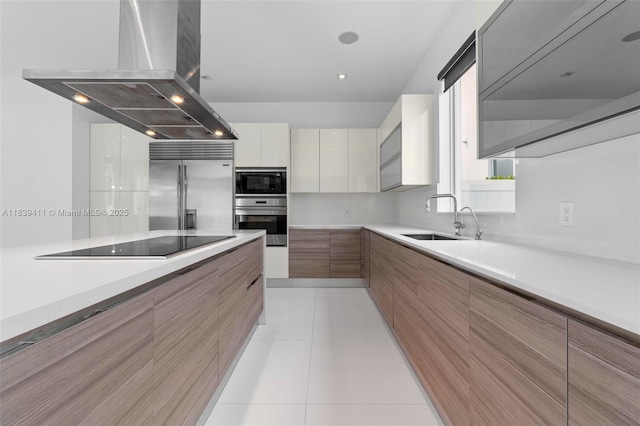 10431 NW 68th Ter, Doral, FL 33178 - kitchen featuring black appliances, modern cabinets, island range hood, light countertops, and light tile patterned floors