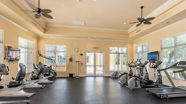 2630 NE 3rd Dr Unit 101, Homestead, FL 33033 - workout area featuring a ceiling fan, crown molding, and a raised ceiling