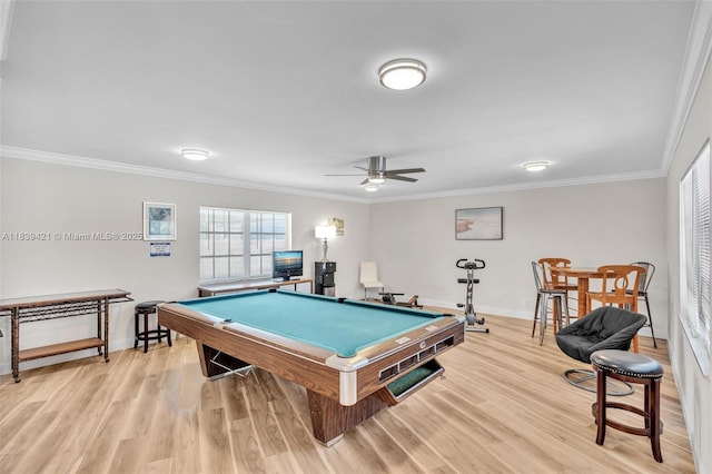 5800 NE 22nd Way Unit 523, Fort Lauderdale, FL 33308 - playroom featuring billiards, light wood-style flooring, crown molding, and ceiling fan