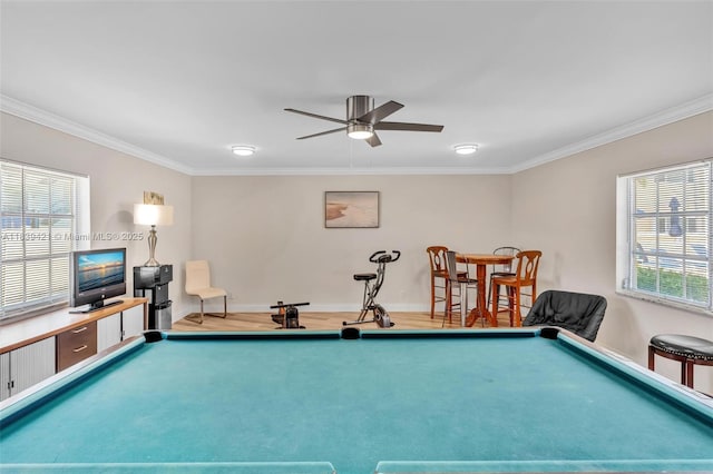 5800 NE 22nd Way Unit 523, Fort Lauderdale, FL 33308 - rec room with crown molding, plenty of natural light, a ceiling fan, and billiards table
