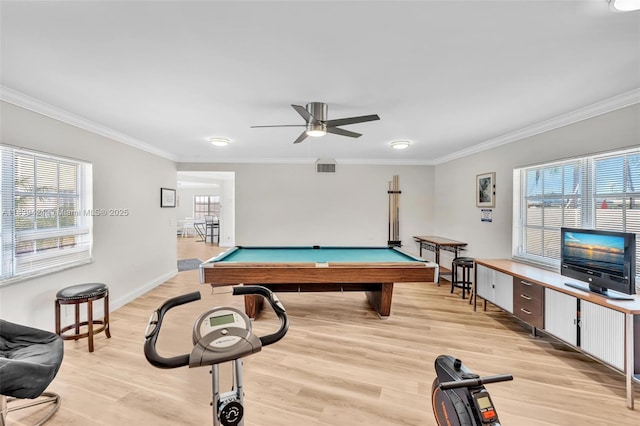 5800 NE 22nd Way Unit 523, Fort Lauderdale, FL 33308 - rec room with billiards, light wood-type flooring, healthy amount of natural light, crown molding, and a ceiling fan