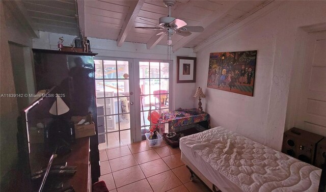 1824 SW 24th St, Miami, FL 33145 - bedroom with tile patterned floors, wood ceiling, french doors, and ceiling fan