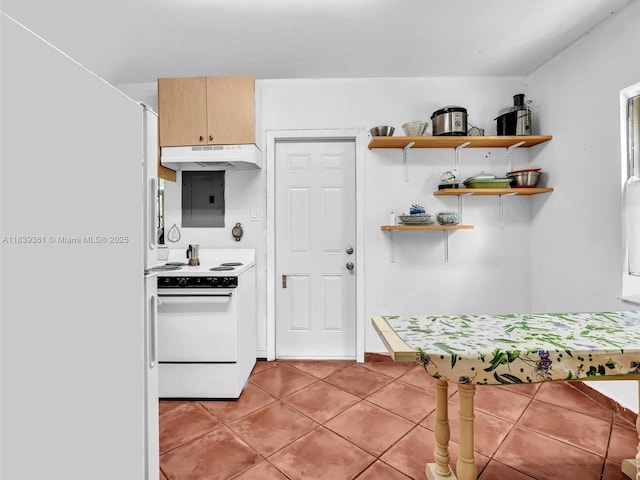 3210 E Elizabeth St, Miami, FL 33133 - kitchen featuring under cabinet range hood, white appliances, open shelves, and light tile patterned flooring