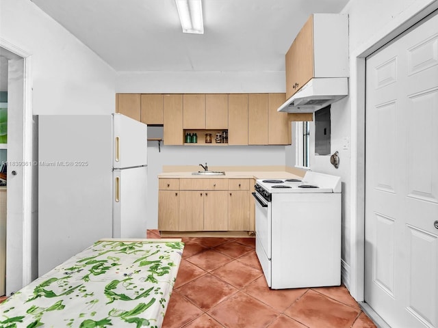3210 E Elizabeth St, Miami, FL 33133 - kitchen featuring white appliances, light brown cabinetry, light countertops, light tile patterned floors, and open shelves