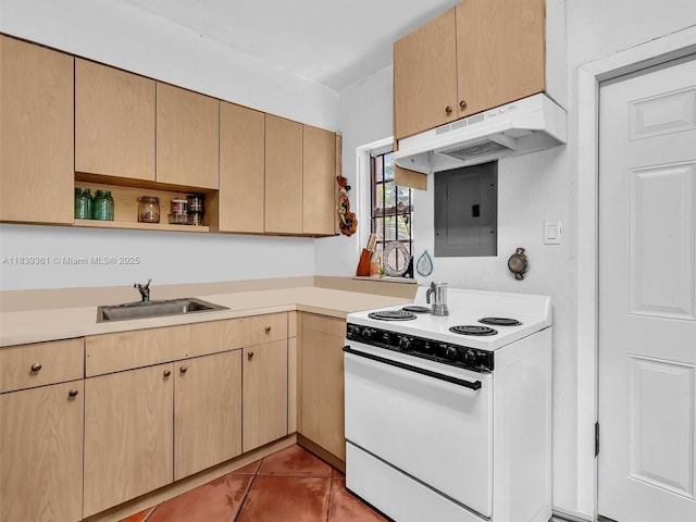 3210 E Elizabeth St, Miami, FL 33133 - kitchen with white electric range oven, electric panel, under cabinet range hood, open shelves, and light countertops