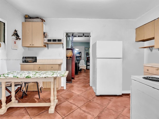 3210 E Elizabeth St, Miami, FL 33133 - kitchen with white appliances, light brown cabinets, open shelves, and light tile patterned floors