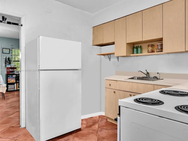 3210 E Elizabeth St, Miami, FL 33133 - kitchen featuring white appliances, open shelves, light brown cabinetry, light tile patterned floors, and light countertops