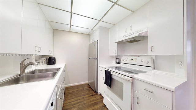 4047 Rexford C Unit 4047, Boca Raton, FL 33434 - kitchen with white appliances, under cabinet range hood, white cabinets, dark wood-style flooring, and light countertops