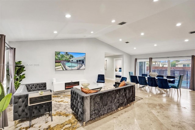 614 SE 12th Ave, Deerfield Beach, FL 33441 - living room featuring vaulted ceiling and recessed lighting