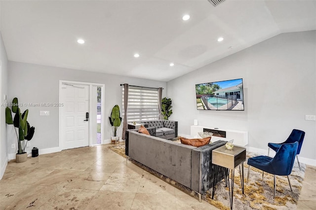 614 SE 12th Ave, Deerfield Beach, FL 33441 - living room featuring vaulted ceiling and recessed lighting