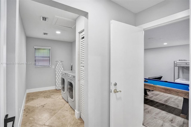 614 SE 12th Ave, Deerfield Beach, FL 33441 - washroom featuring washing machine and clothes dryer, billiards table, attic access, and recessed lighting