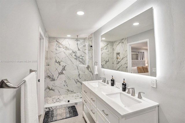 614 SE 12th Ave, Deerfield Beach, FL 33441 - ensuite bathroom featuring recessed lighting, a marble finish shower, and double vanity