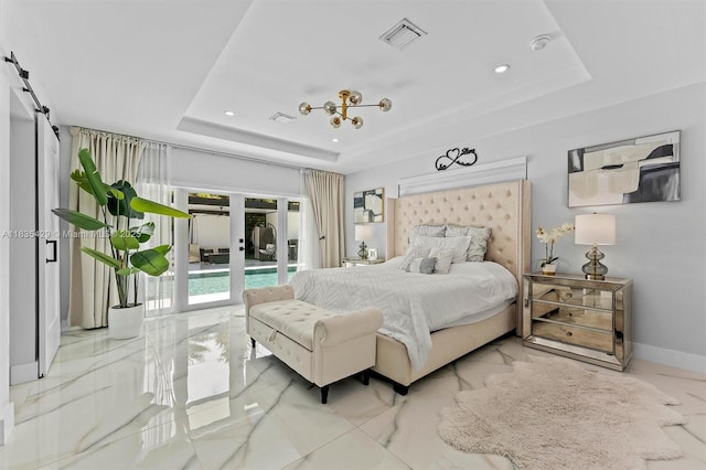 8115 NW 185th Ter, Hialeah, FL 33015 - bedroom with a raised ceiling, marble tiled floors, access to exterior, and recessed lighting