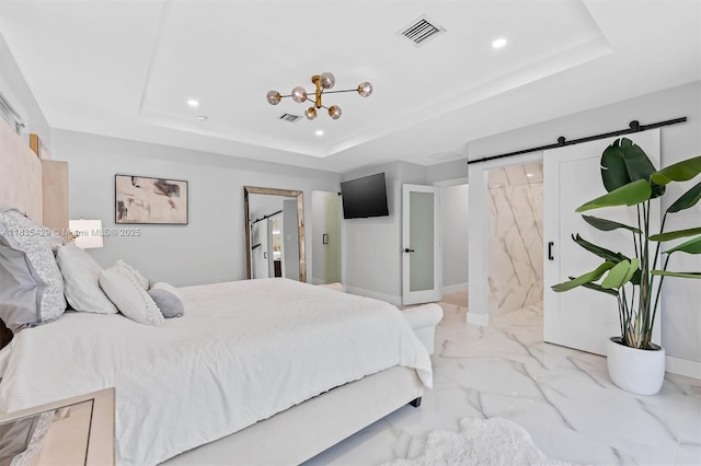 8115 NW 185th Ter, Hialeah, FL 33015 - bedroom featuring a raised ceiling, recessed lighting, light marble finish floors, a barn door, and ensuite bath