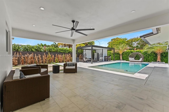 8115 NW 185th Ter, Hialeah, FL 33015 - view of swimming pool featuring an outdoor living space, a ceiling fan, a patio, and a gazebo