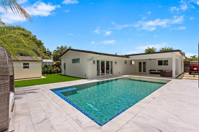 8115 NW 185th Ter, Hialeah, FL 33015 - outdoor pool featuring french doors, a patio area, a yard, and ceiling fan