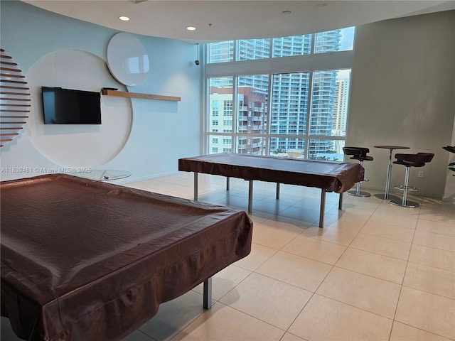 1900 N Bayshore Dr Unit 1803, Miami, FL 33132 - playroom featuring billiards, tile patterned floors, a wall of windows, and recessed lighting