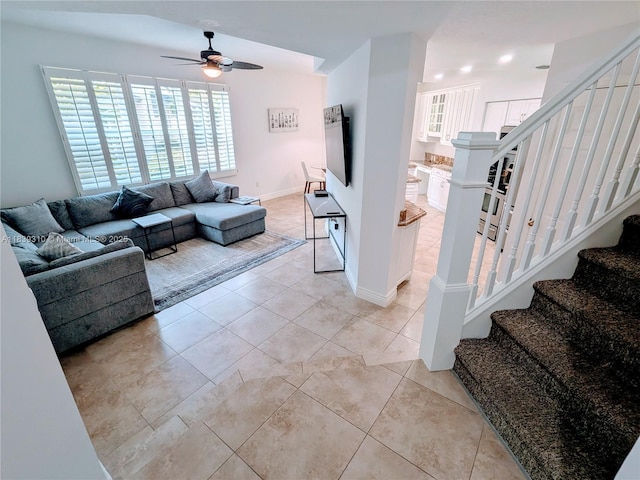 1900 Oceanwalk Ln Unit 123, Lauderdale By The Sea, FL 33062 - living area with stairway, a ceiling fan, light tile patterned flooring, and recessed lighting