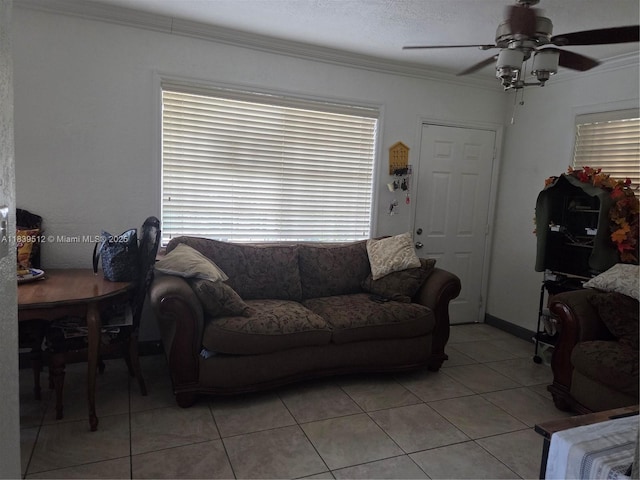 2936 NW 47th St, Miami, FL 33142 - living room with ceiling fan, light tile patterned floors, and ornamental molding