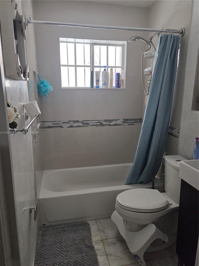 2936 NW 47th St, Miami, FL 33142 - full bathroom with shower / bathtub combination with curtain, marble look tile flooring, and vanity