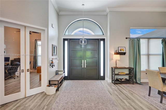 17809 Southwick Way, Boca Raton, FL 33498 - foyer entrance featuring wood finished floors, ornamental molding, healthy amount of natural light, a towering ceiling, and french doors
