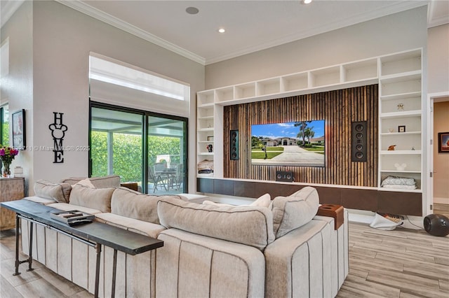 17809 Southwick Way, Boca Raton, FL 33498 - living room featuring light wood-style floors, crown molding, built in features, and recessed lighting