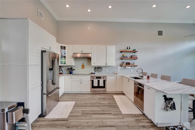 17809 Southwick Way, Boca Raton, FL 33498 - kitchen featuring stainless steel appliances, under cabinet range hood, ornamental molding, a kitchen breakfast bar, and a peninsula