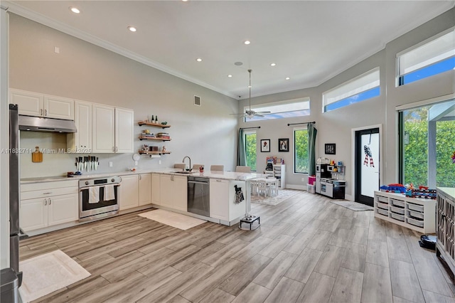 17809 Southwick Way, Boca Raton, FL 33498 - kitchen featuring appliances with stainless steel finishes, a high ceiling, a ceiling fan, crown molding, and under cabinet range hood
