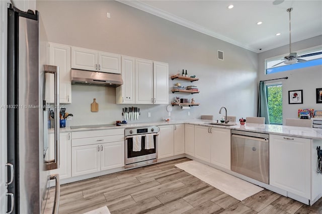 17809 Southwick Way, Boca Raton, FL 33498 - kitchen featuring stainless steel appliances, under cabinet range hood, crown molding, ceiling fan, and white cabinets