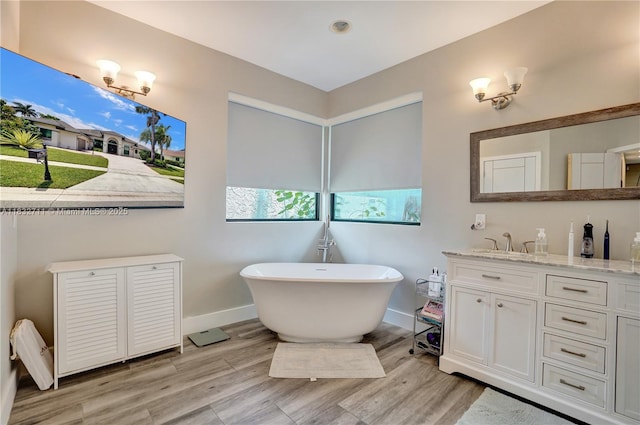 17809 Southwick Way, Boca Raton, FL 33498 - bathroom featuring vanity, a freestanding tub, and wood finished floors