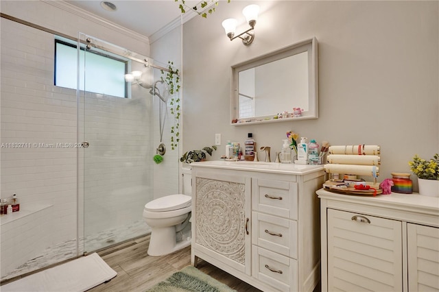 17809 Southwick Way, Boca Raton, FL 33498 - bathroom with a shower stall, vanity, wood finished floors, and ornamental molding