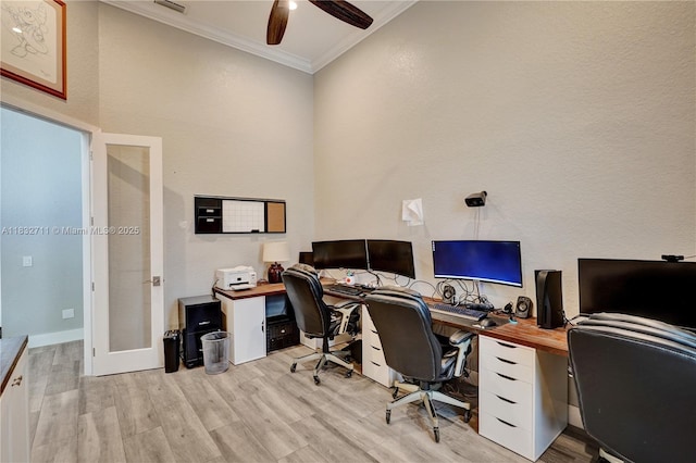 17809 Southwick Way, Boca Raton, FL 33498 - office featuring ornamental molding, a ceiling fan, light wood-style flooring, and french doors