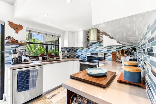 640 NW 98th Ct Unit 640, Miami, FL 33172 - kitchen with stainless steel appliances, wall chimney range hood, modern cabinets, white cabinetry, and decorative backsplash