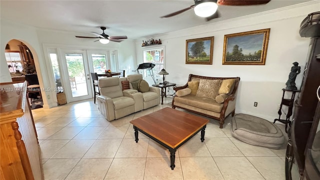 15588 SW 62nd St, Miami, FL 33193 - living room featuring ceiling fan, arched walkways, and light tile patterned floors