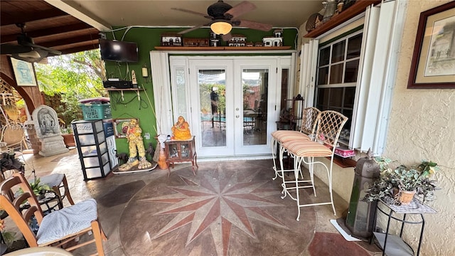 15588 SW 62nd St, Miami, FL 33193 - view of exterior entry with french doors, a ceiling fan, and stucco siding