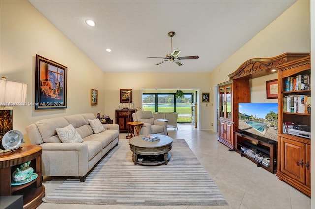 8406 NW 78th Ct, Tamarac, FL 33321 - living area with vaulted ceiling, light tile patterned floors, ceiling fan, and recessed lighting